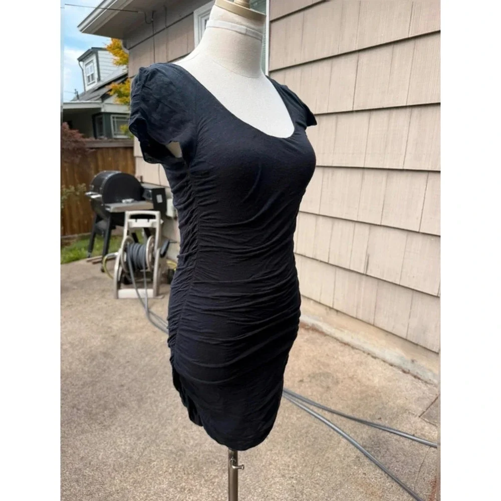 Free People Black Ruched Bodycon Mini Dress Scoop Neck Cap Sleeve XS
